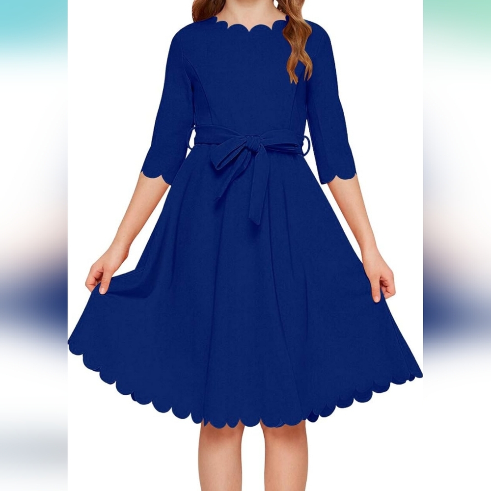 Chic Royal Blue Kids Dress with Scalloped Hem